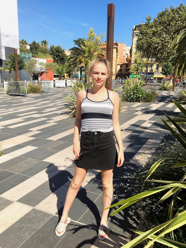 Black Denim Skirt & Suede Sliders